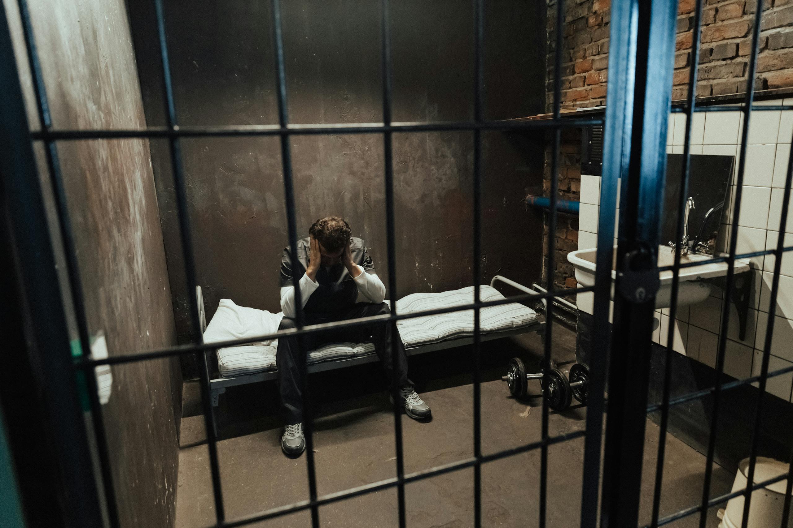 A man sits in a jail cell, reflecting on his thoughts, emphasizing isolation.